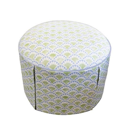 The Marlowe Ottoman - Floral Green / Blue Fabric with Blue Trim