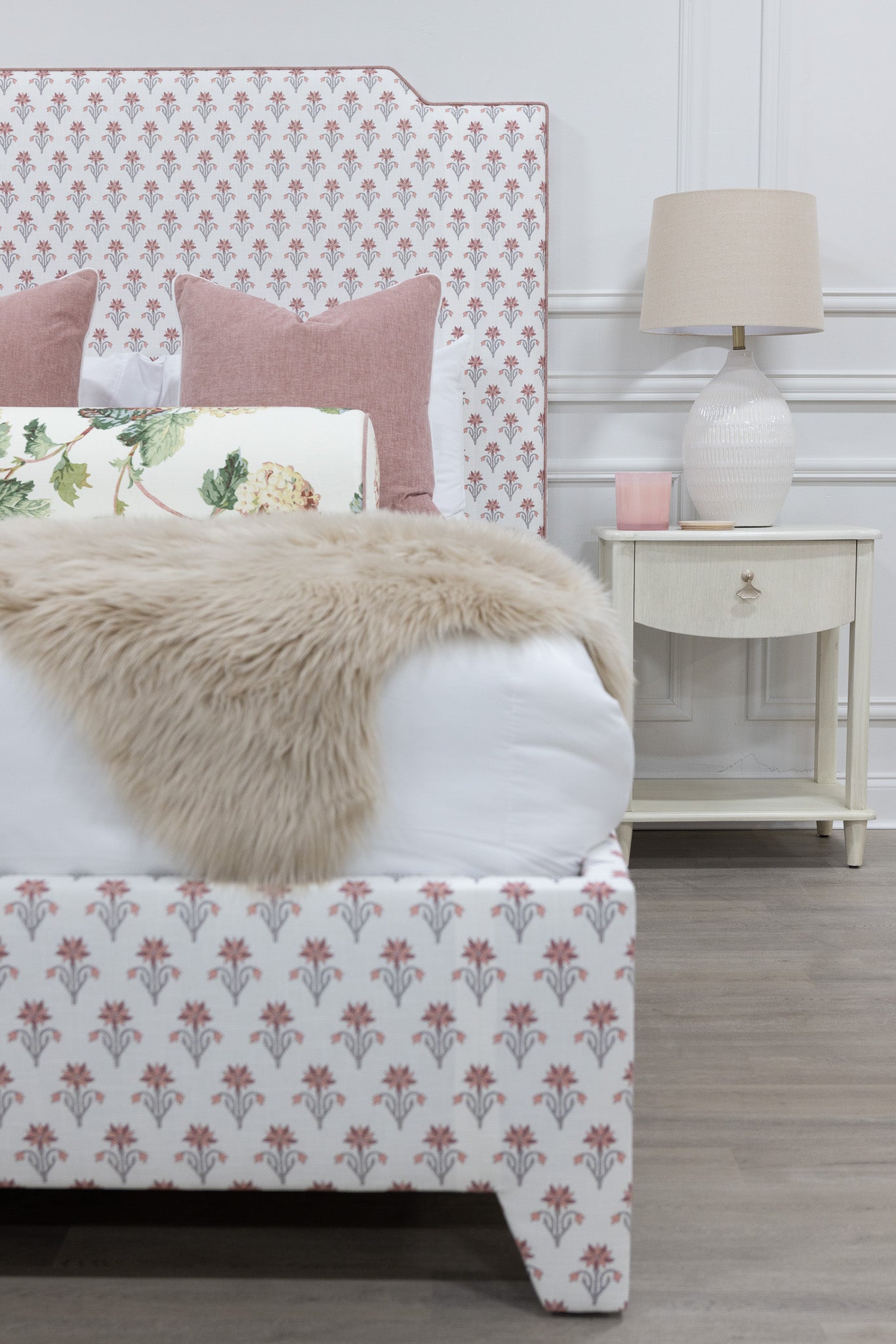 The Celeste Queen Bed - Pink Floral Linen Fabric - Petal Pink Trim