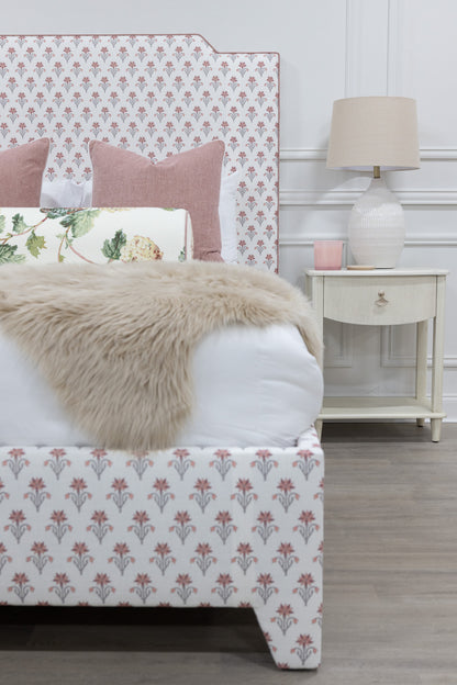 The Celeste Queen Bed - Pink Floral Linen Fabric - Petal Pink Trim