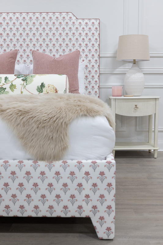 The Celeste Queen Upholstered Platform Bed - Pink Floral Linen Fabric - Petal Pink Trim