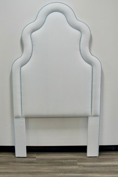 70”H Twin Headboard - Classic Blue Striped Fabric with Sky Blue Trim