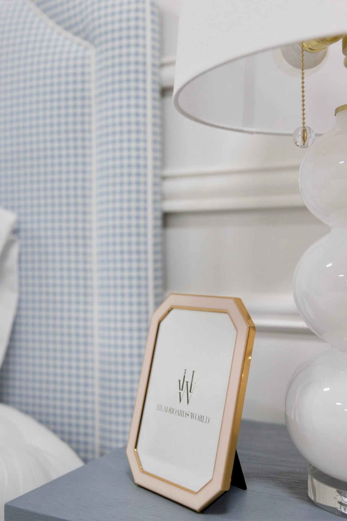 The Grace Queen Bed - Blue Gingham Fabric - White Trim