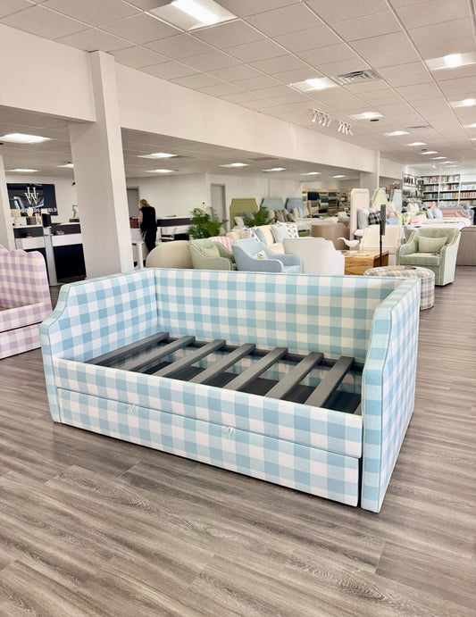 Twin Trundle Daybed - Buffalo Blue Checkered Fabric with Sky Blue Trim