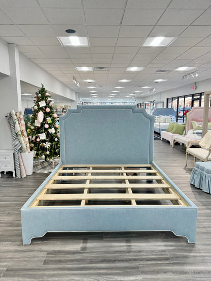 65"H King Bed - Glacier Blue Linen Fabric with White Trim