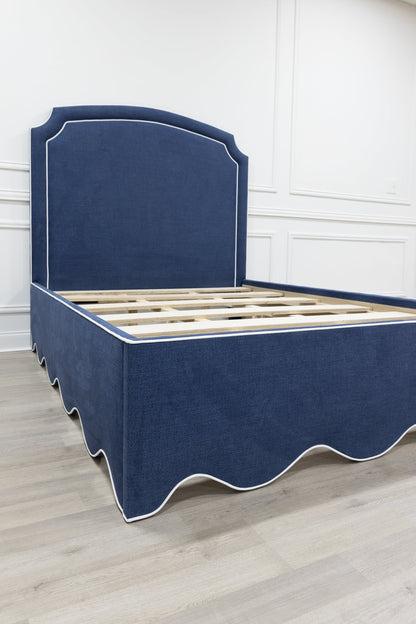 The Aliana Queen Bed - Scalloped Base - Navy Woven Fabric - White Trim