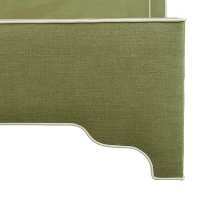 The Addison King Bed - Scalloped Legs - Pistachio Green Woven Fabric - White Trim