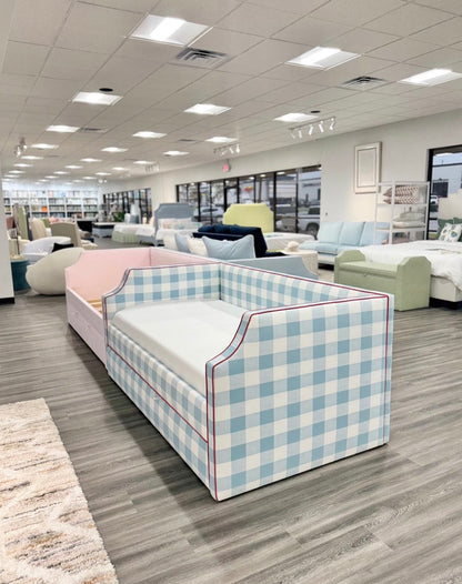 The Addison Twin Trundle Daybed - Buffalo Blue Checkered Fabric - Red Trim