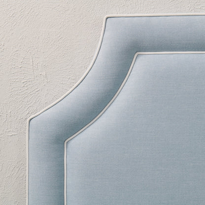 The Addison Queen Bed - Scalloped Legs - Sky Blue Woven Fabric - White Trim