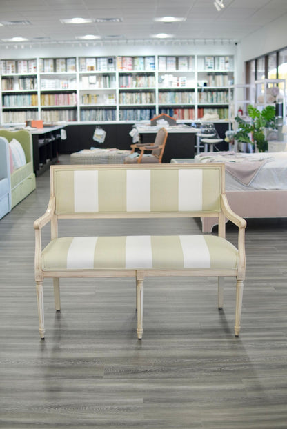 Italian Carved Upholstered Bench in Sage & Ivory Wide Stripe