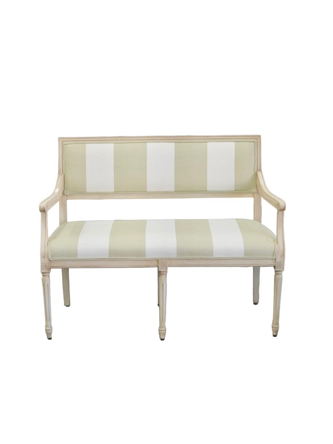 Italian Carved Upholstered Bench in Sage & Ivory Wide Stripe