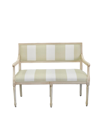 Italian Carved Upholstered Bench in Sage & Ivory Wide Stripe