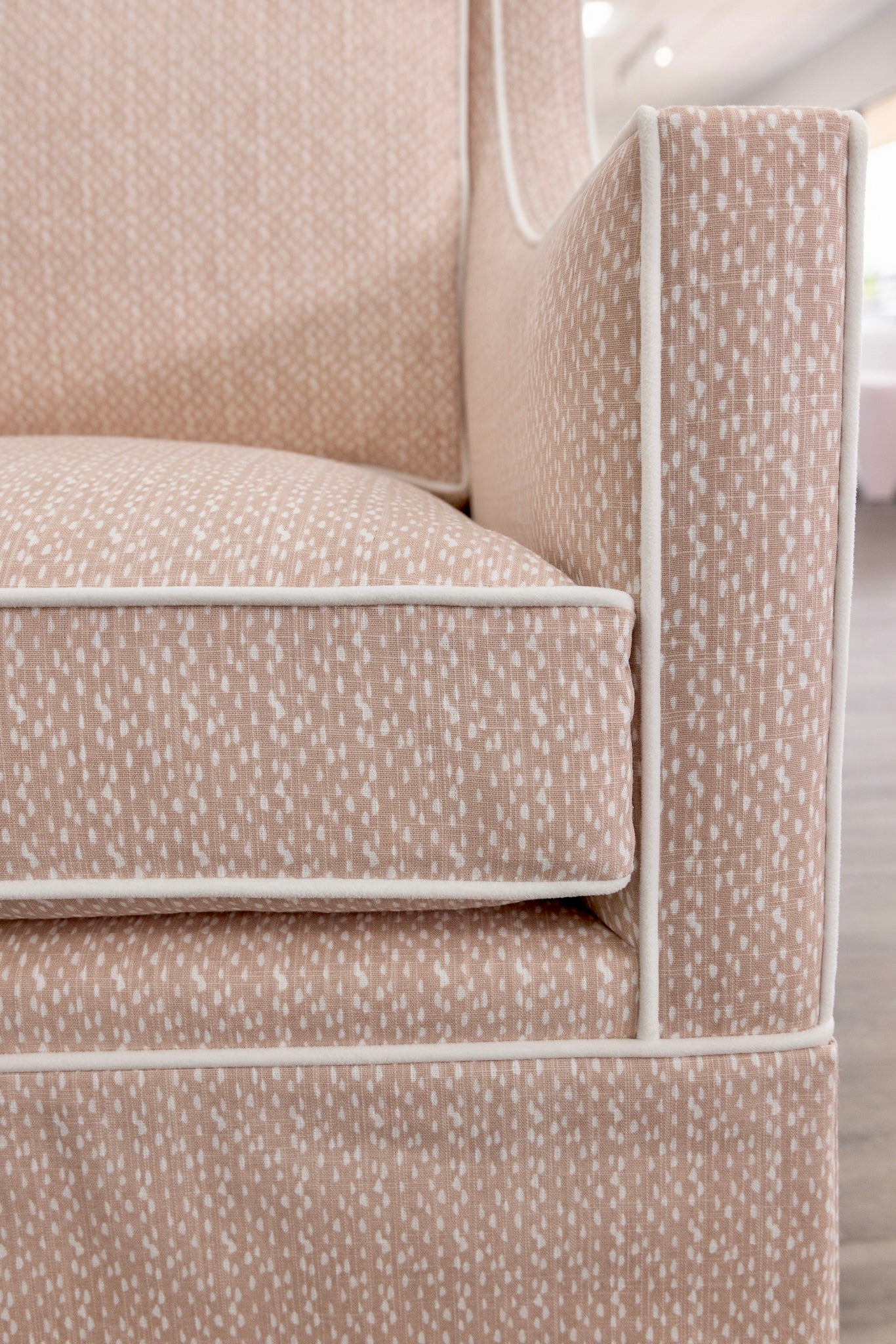 Custom Swivel Glider Chair – Pink Dotted Fabric with White Trim
