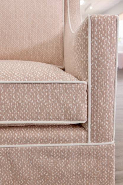 Custom Swivel Glider Chair – Pink Dotted Fabric with White Trim