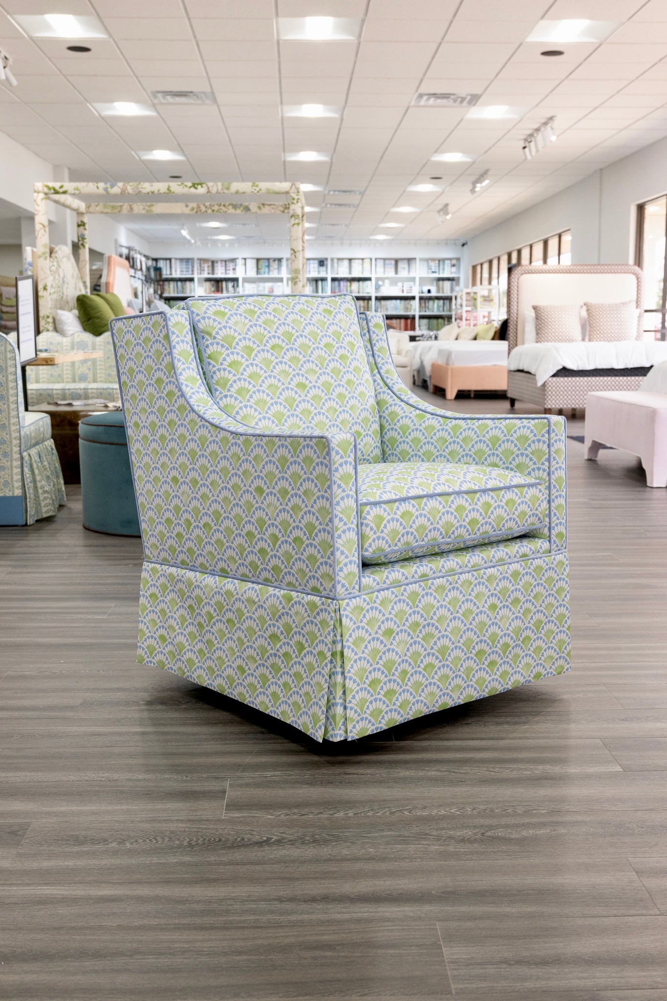 Custom Swivel Glider Chair – Floral Green / Blue Fabric with Blue Trim
