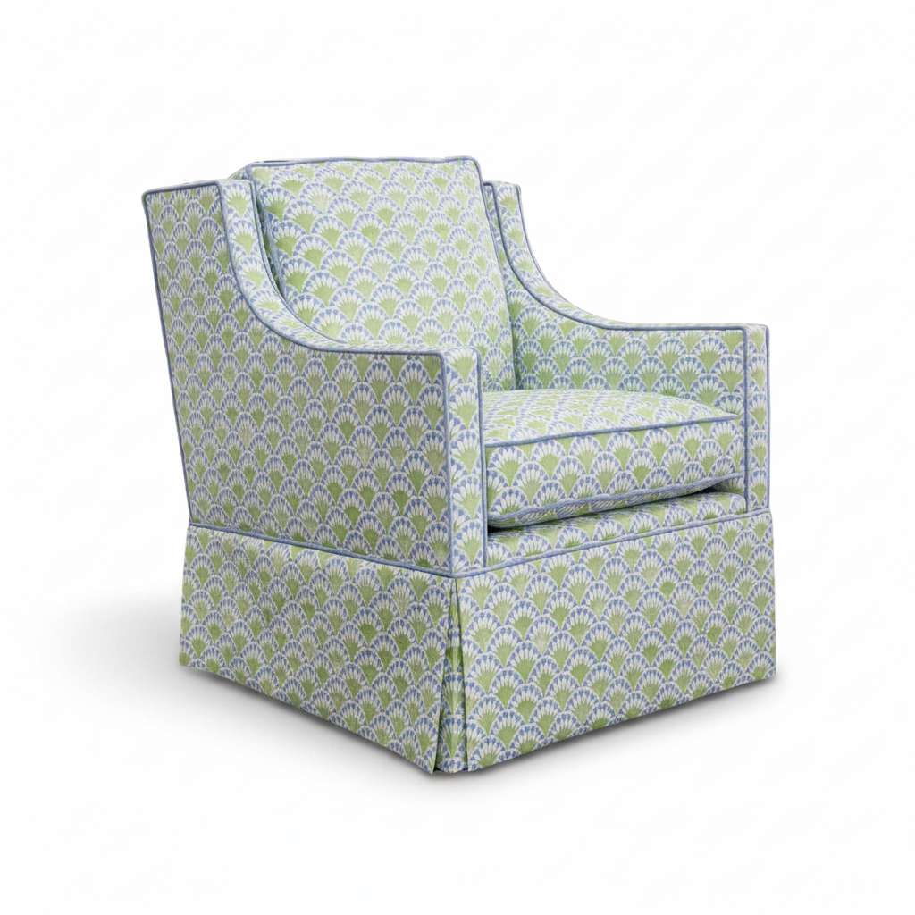 Custom Swivel Glider Chair – Floral Green / Blue Fabric with Blue Trim