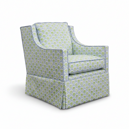 Custom Swivel Glider Chair – Floral Green / Blue Fabric with Blue Trim