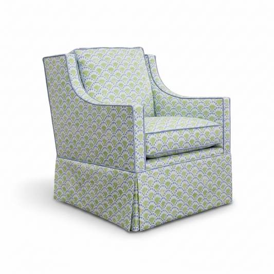 Custom Swivel Glider Chair – Floral Green / Blue Fabric with Blue Trim