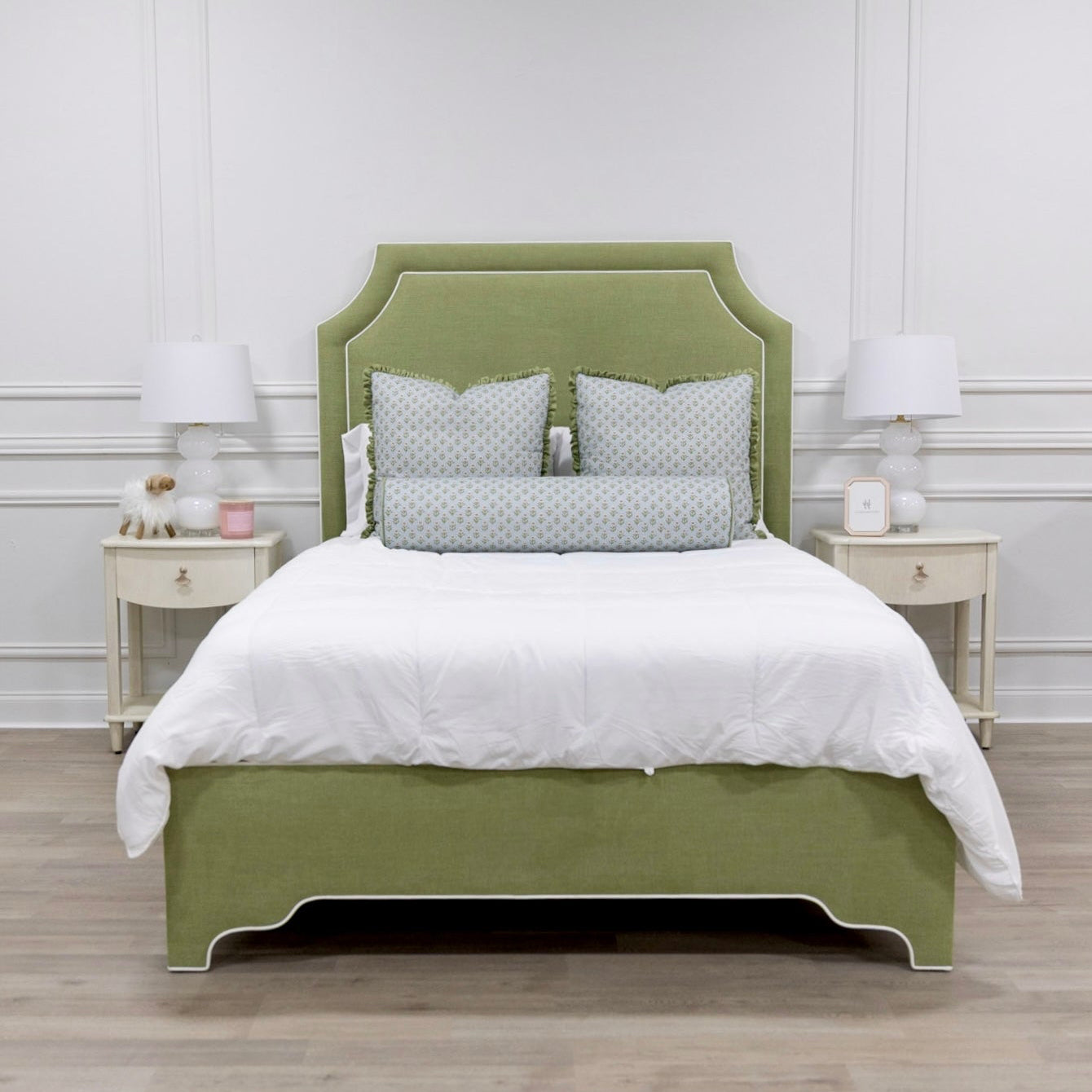 The Addison Queen Bed - Scalloped Legs - Pistachio Green Woven Fabric - White Trim