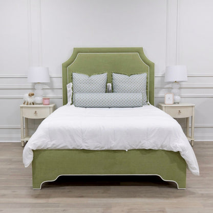 The Addison Queen Bed - Scalloped Legs - Pistachio Green Woven Fabric - White Trim