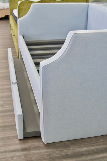 Twin Trundle Daybed - Sky Blue Woven Fabric with White Trim