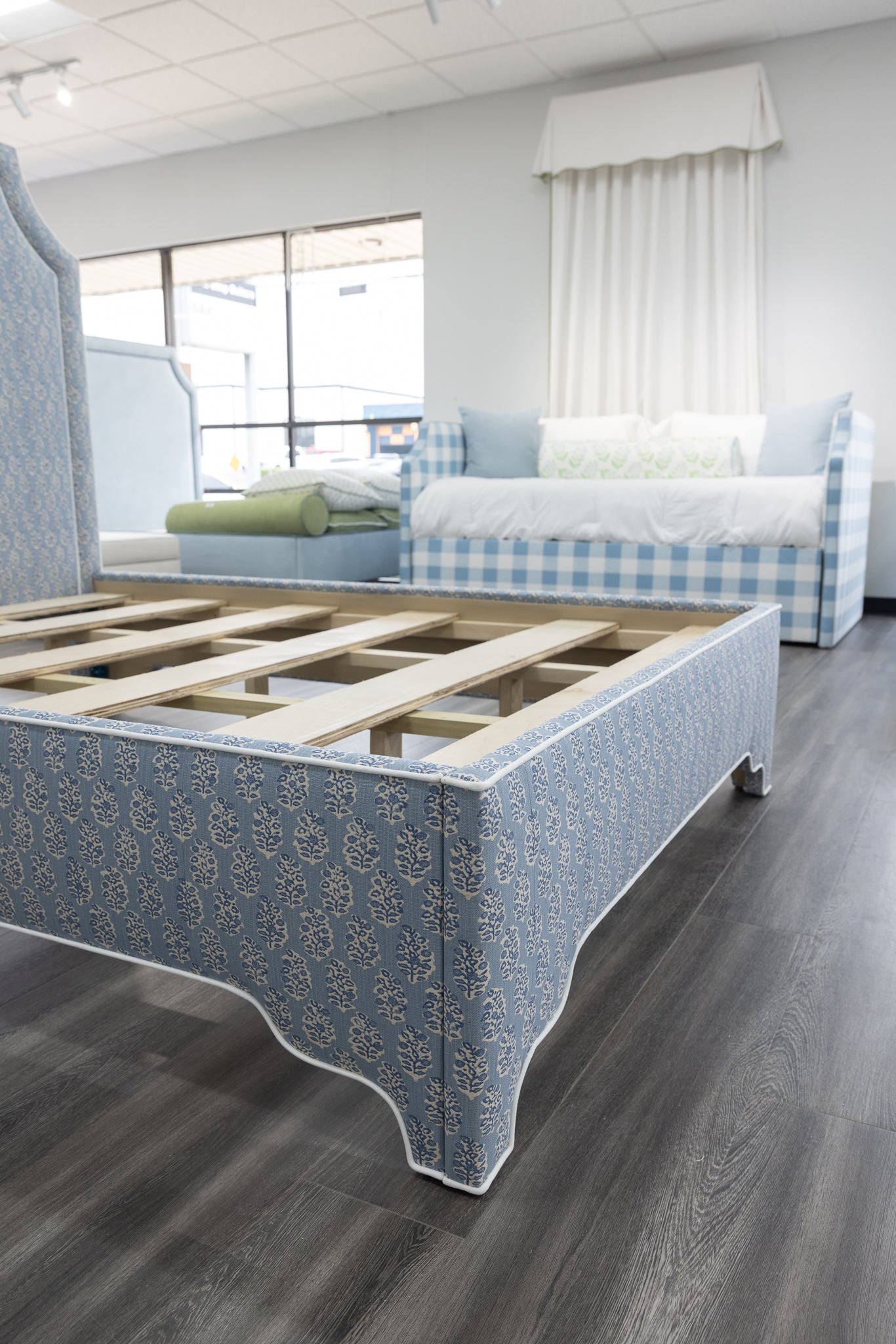 65”H Queen Platform Upholstered Bed - Perry Blue Polyester Fabric with White Trim