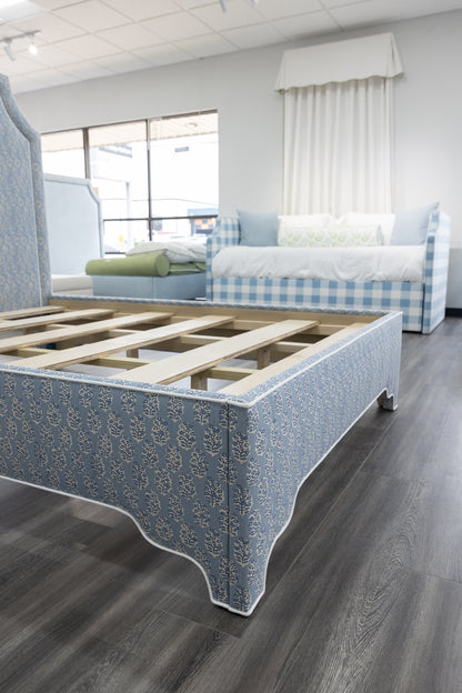 65”H Queen Platform Upholstered Bed - Perry Blue Polyester Fabric with White Trim