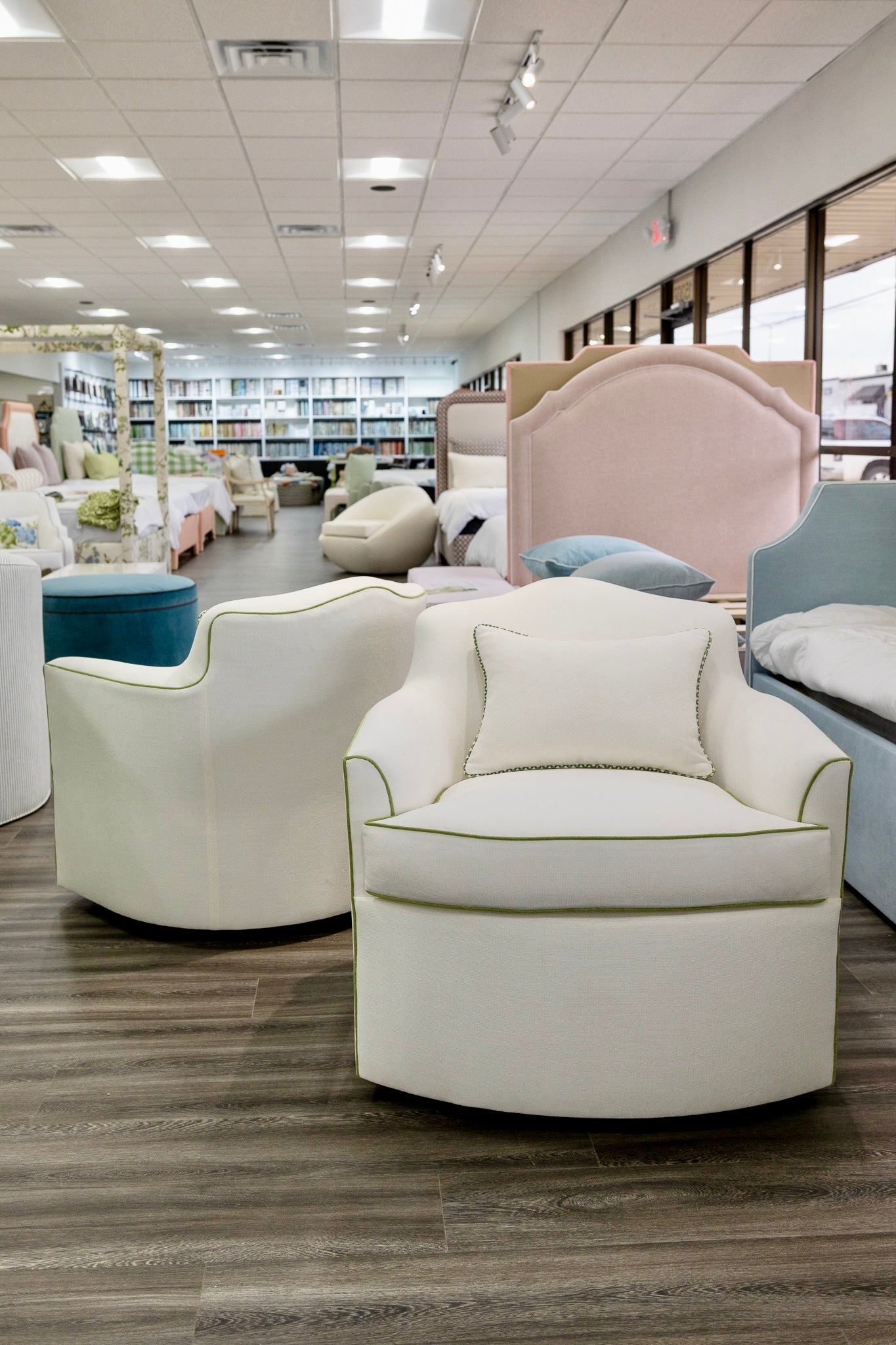 The Scarlett Swivel Chair: Crypton Off-White Fabric - Green Trim