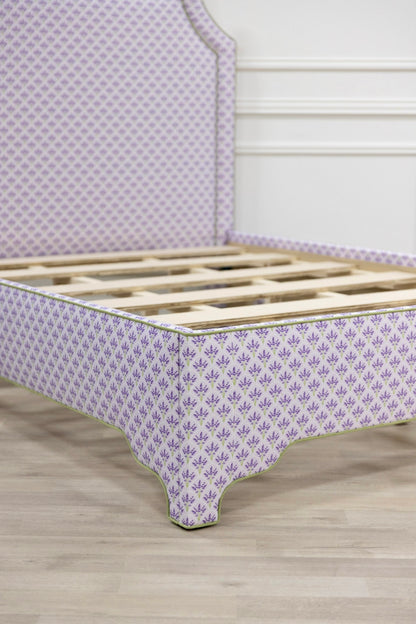 The Addison Queen Bed - Lavender Floral Linen Fabric - Green Trim