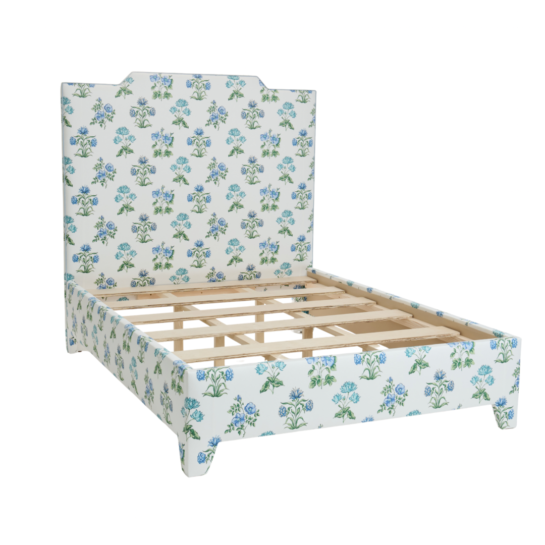 65”H Queen Upholstered Platform Bed - Fabricut Floral Fabric - Sky Blue Trim