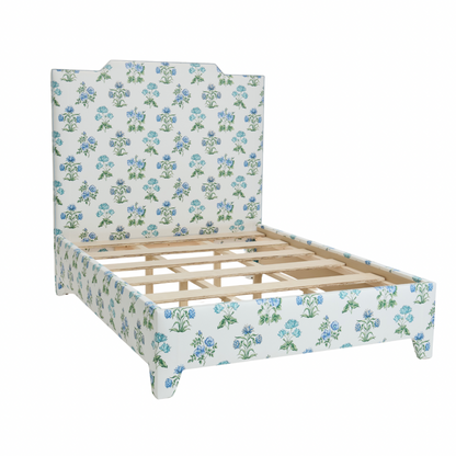 65”H Queen Upholstered Platform Bed - Fabricut Floral Fabric - Sky Blue Trim