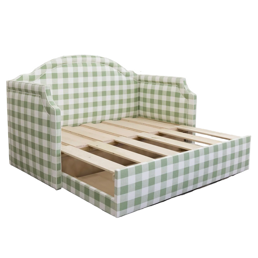 Twin to king Upholstered Trundle Daybed in Sage Green Checkered Fabric - White Trim