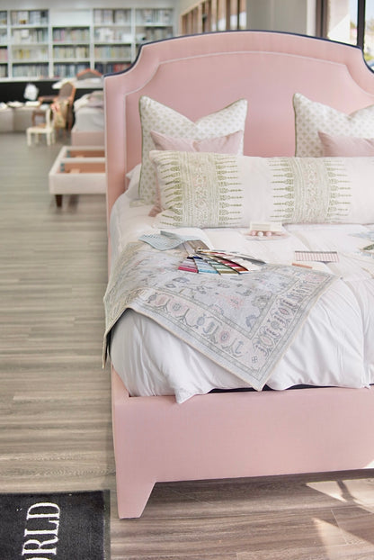60”H Queen Platform Bed in our Blush Pink Linen with White Trim — In-stock now.