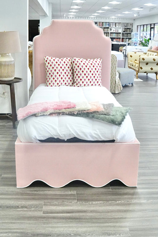 60”H Twin Scalloped Platform Bed in our Blush Pink Linen - White Trim