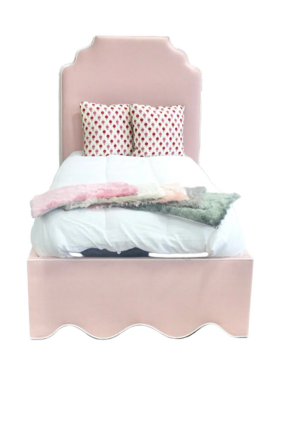 60”H Twin Scalloped Platform Bed in our Blush Pink Linen - White Trim