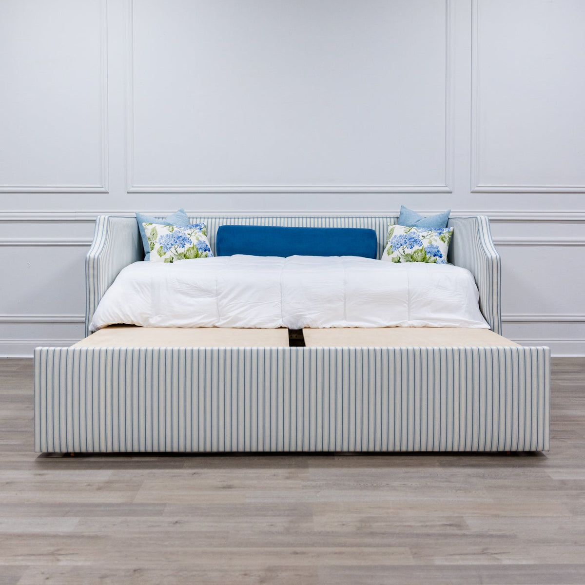 The Addison Twin to King Trundle Daybed - Schumacher Stripe Fabric - Sky Blue Trim