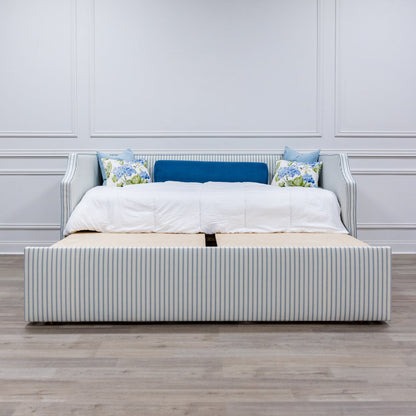 The Addison Twin to King Trundle Daybed - Schumacher Stripe Fabric - Sky Blue Trim