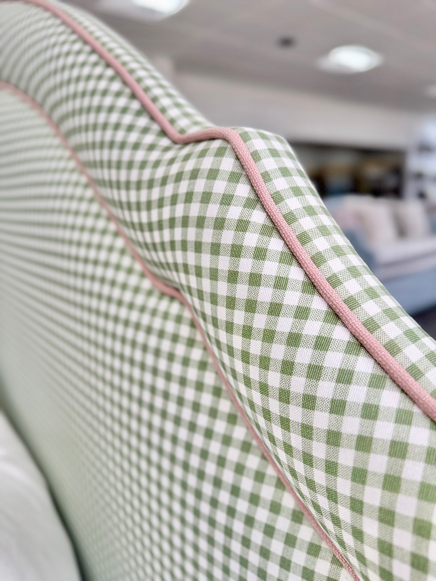 65”H Queen Platform Upholstered Bed - Sage Green Gingham Fabric with Blush Pink Trim