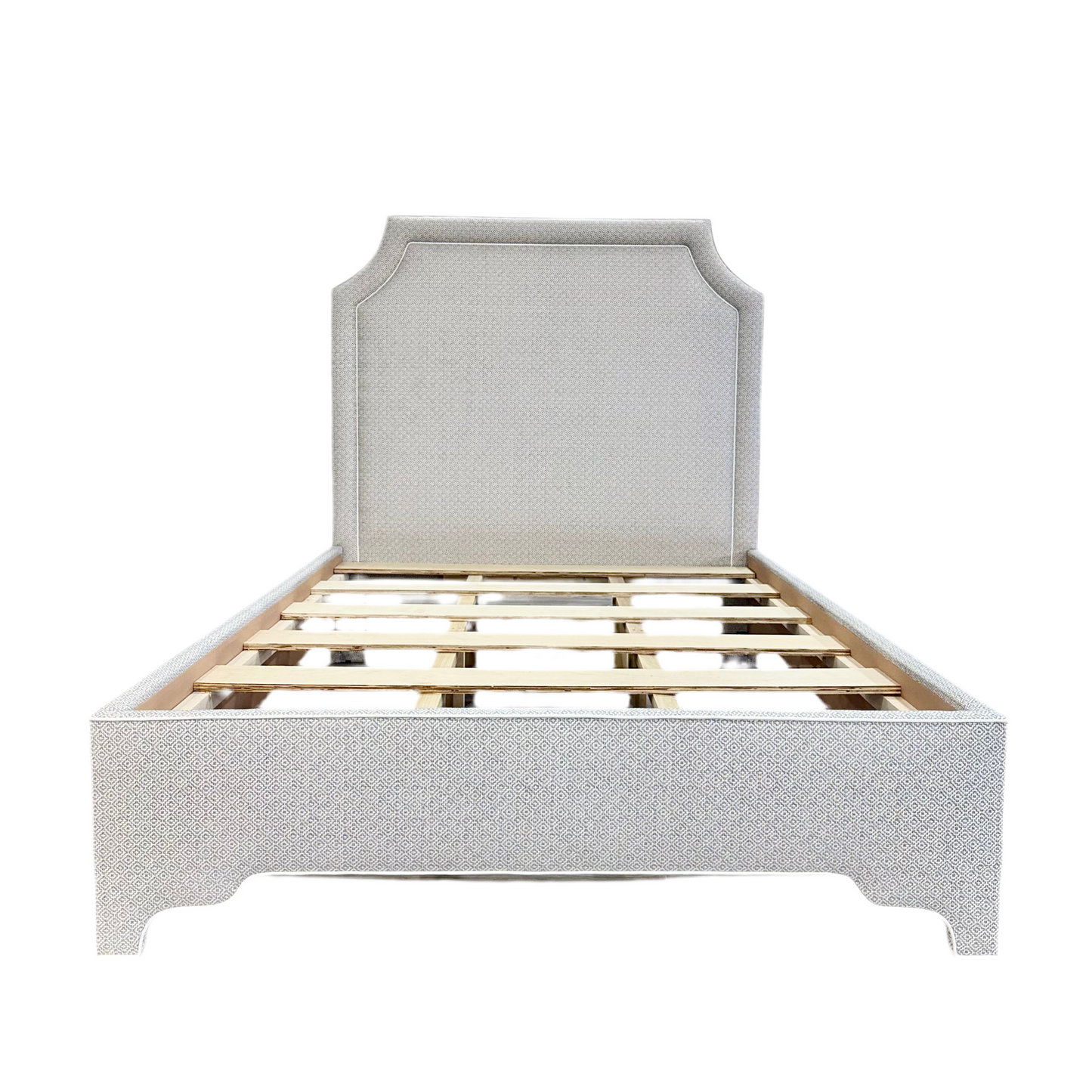 The Addison Queen Bed - Geometric Grey Fabric - White Trim