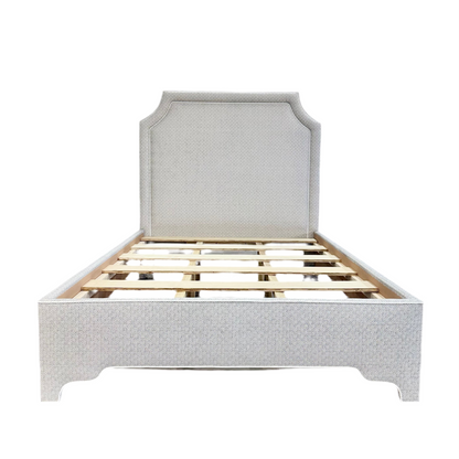 The Addison Queen Bed - Geometric Grey Fabric - White Trim