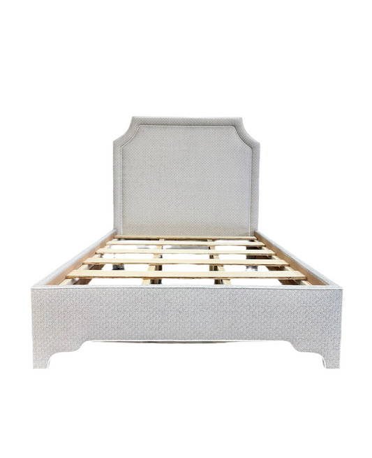 65"H Queen Bed - Geometric Grey Fabric with White Trim