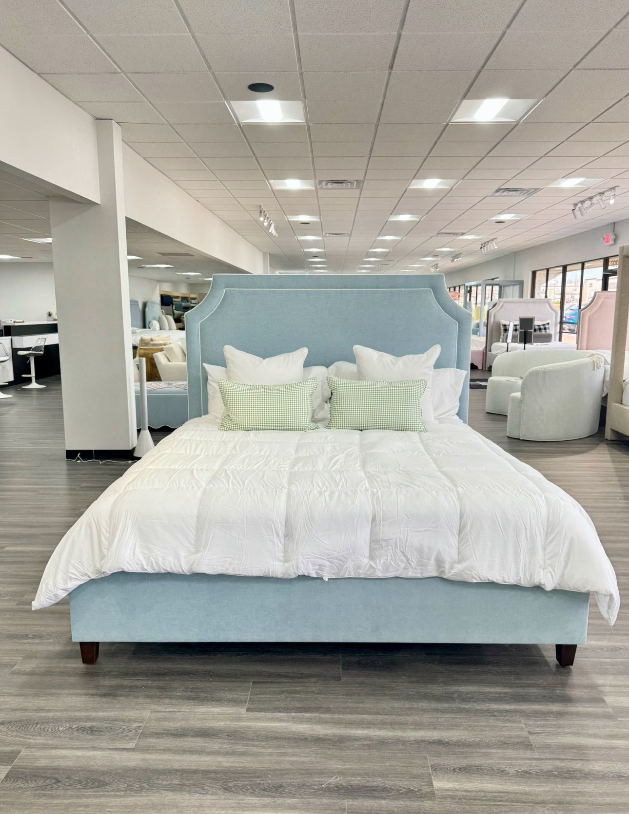 The Addison King Bed - Wooden Legs - Seafoam Blue Chenille Fabric with White Trim