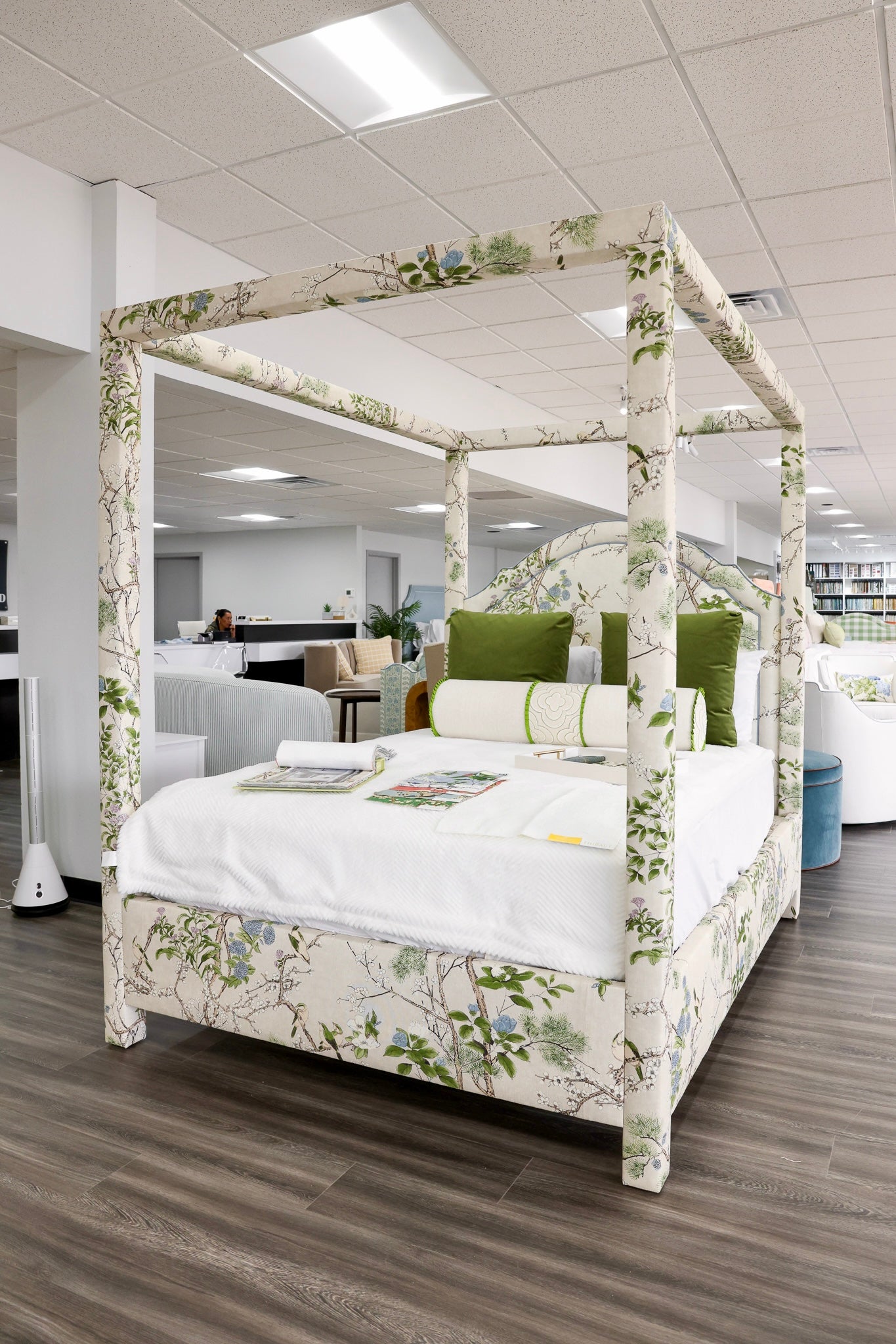 The Grace Queen Canopy Bed - Upholstered in Katsura Fabric - Blue Trim