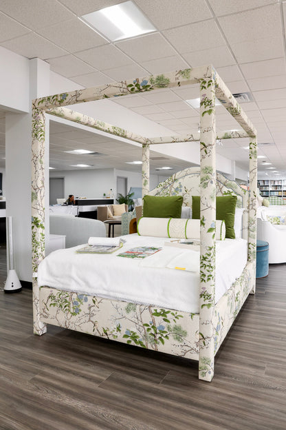 The Grace Queen Canopy Bed - Upholstered in Katsura Fabric - Blue Trim