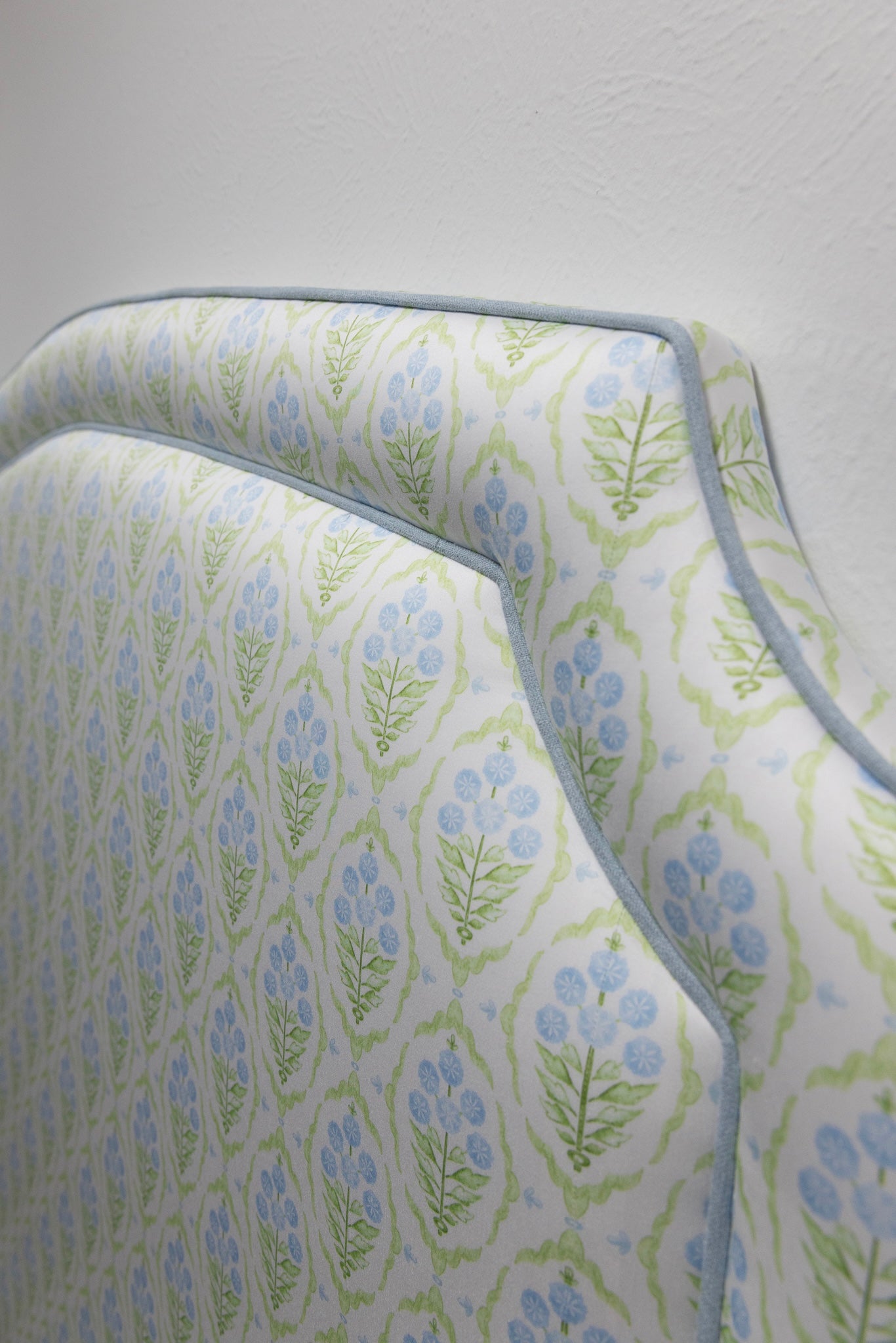 The Aliana Queen Headboard - Blue and Green Satin Fabric - Blue Trim