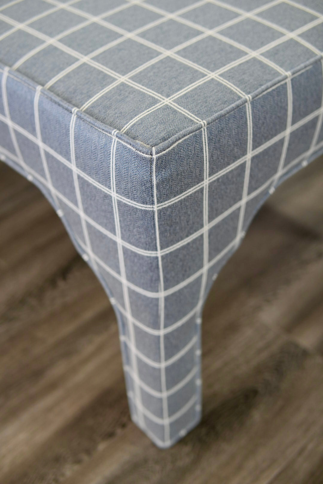 Custom Upholstered Bench in Blue Check Fabric