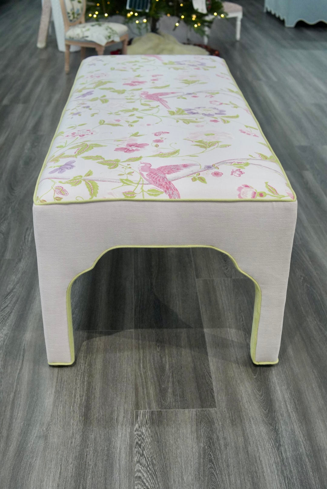 Custom Upholstered Bench in Floral Fabric - Pear Green Trim