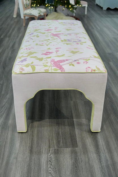 Custom Upholstered Bench in Floral Fabric - Pear Green Trim