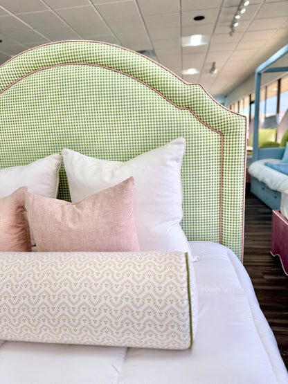 65”H Queen Platform Upholstered Bed - Sage Green Gingham Fabric with Blush Pink Trim