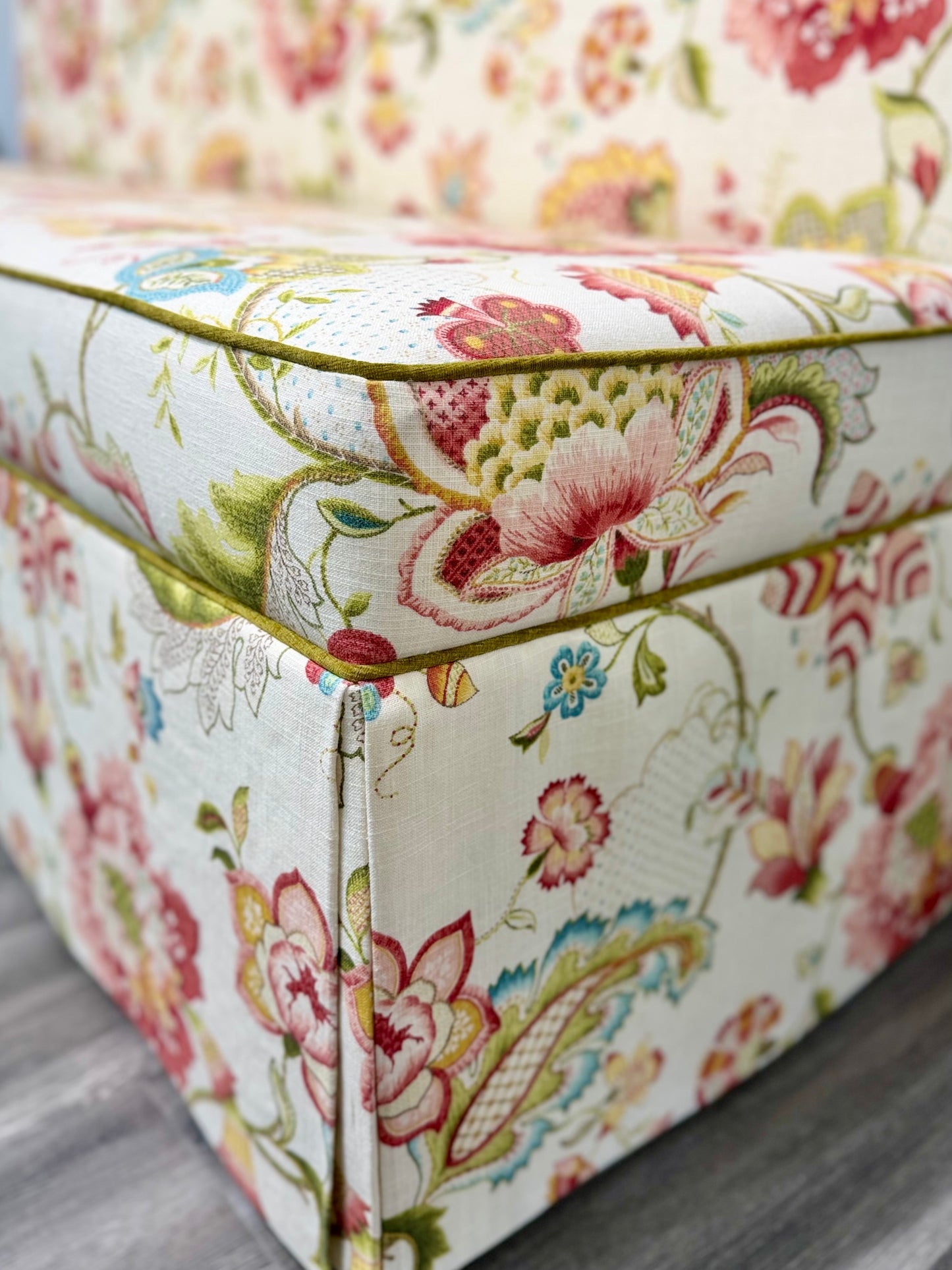 76"L Custom Scalloped Banquette in Ophelia Blossom - Modern Upholstered Dining Banquette with Pleated Skirt