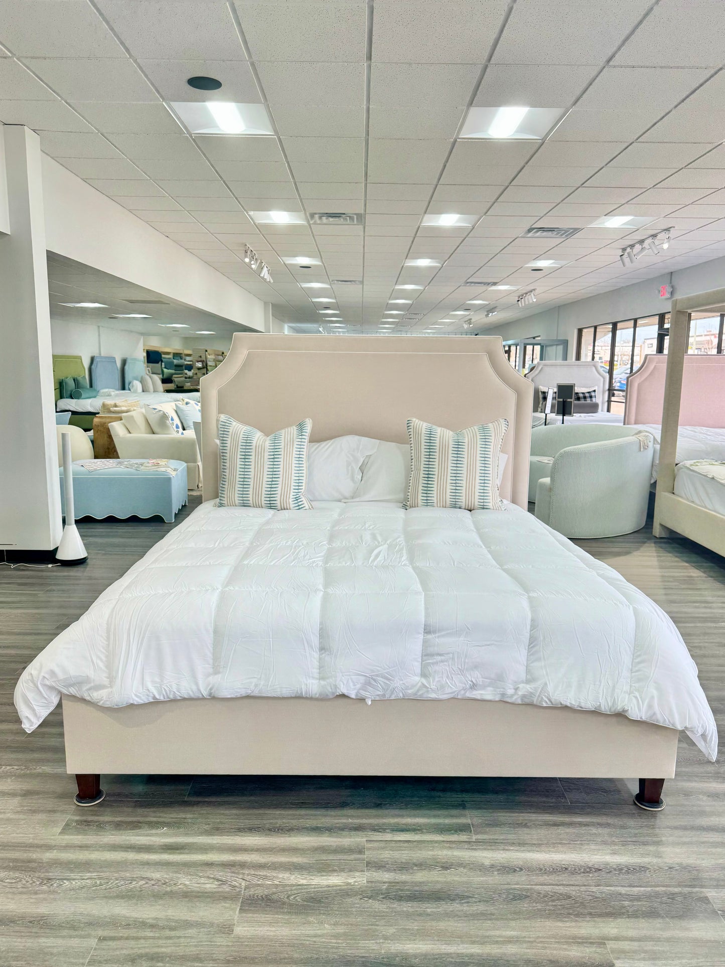 65" H King Platform Bed - Wooden Legs - Oatmeal Woven Fabric - White Welted